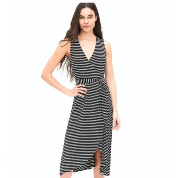 Gap Black White Stripe Sleeveless Wrap Dress V-Neck Soft Stretchy Size XL New - Picture 10 of 10